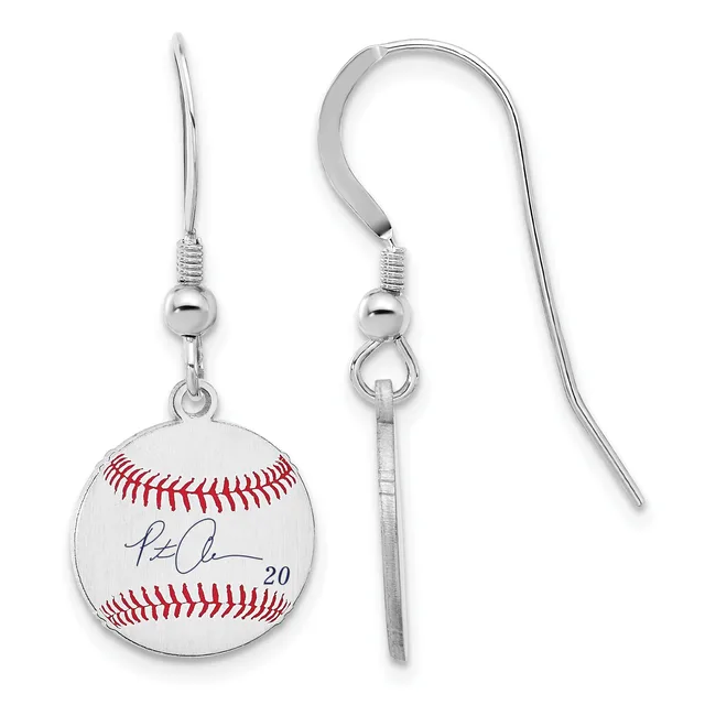 Pair of silver-toned earrings with fish hook wires, each featuring a round baseball pendant with red stitching and a handwritten signature and number.