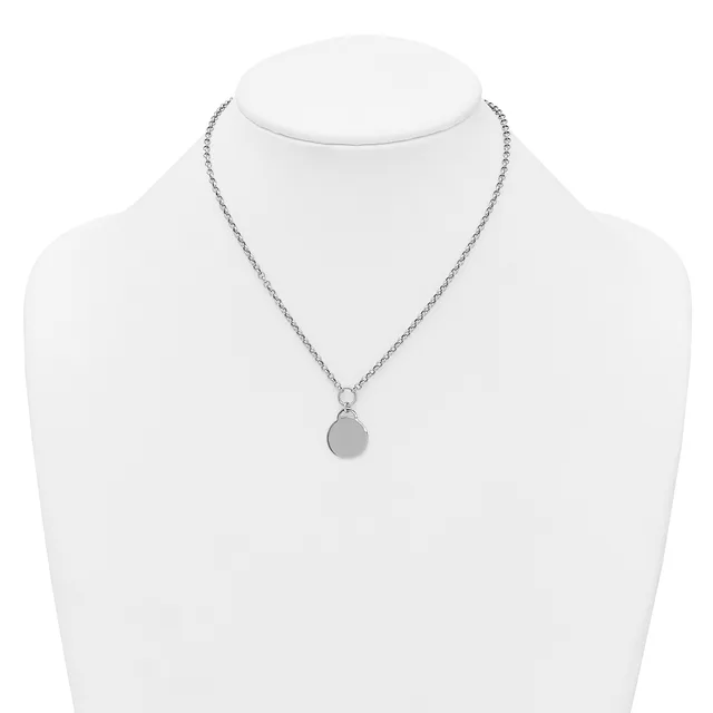 Silver-toned chain necklace with a small circular disc pendant displayed on a white mannequin bust.