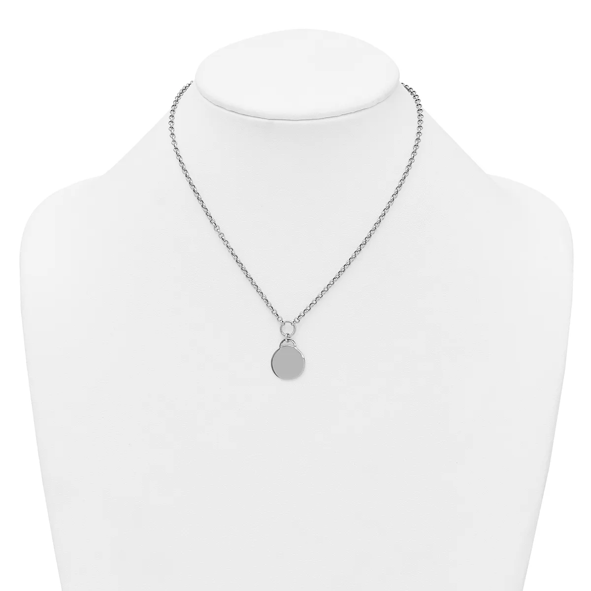 Silver-toned chain necklace with a small circular disc pendant displayed on a white mannequin bust.