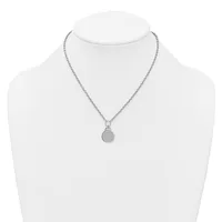Silver-toned chain necklace with a small circular disc pendant displayed on a white mannequin bust.