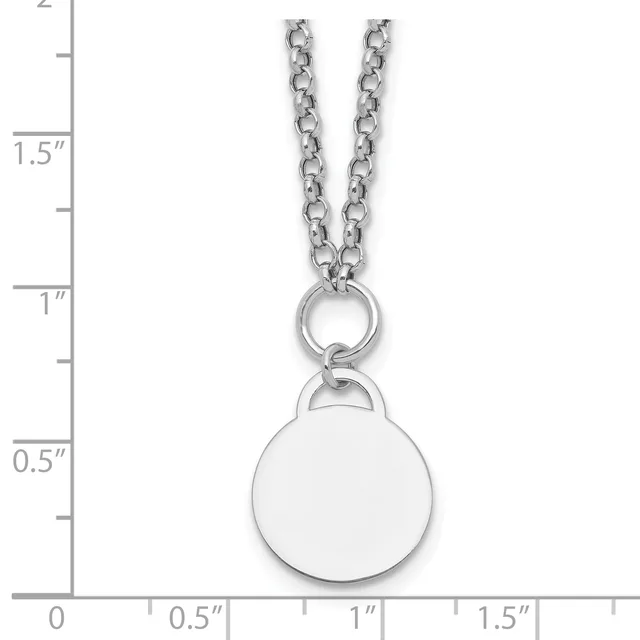 Silver-toned chain necklace with a small circular disc pendant, shown against a measurement scale indicating approximately 1.5 inches in length.