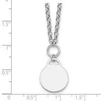 Silver-toned chain necklace with a small circular disc pendant, shown against a measurement scale indicating approximately 1.5 inches in length.