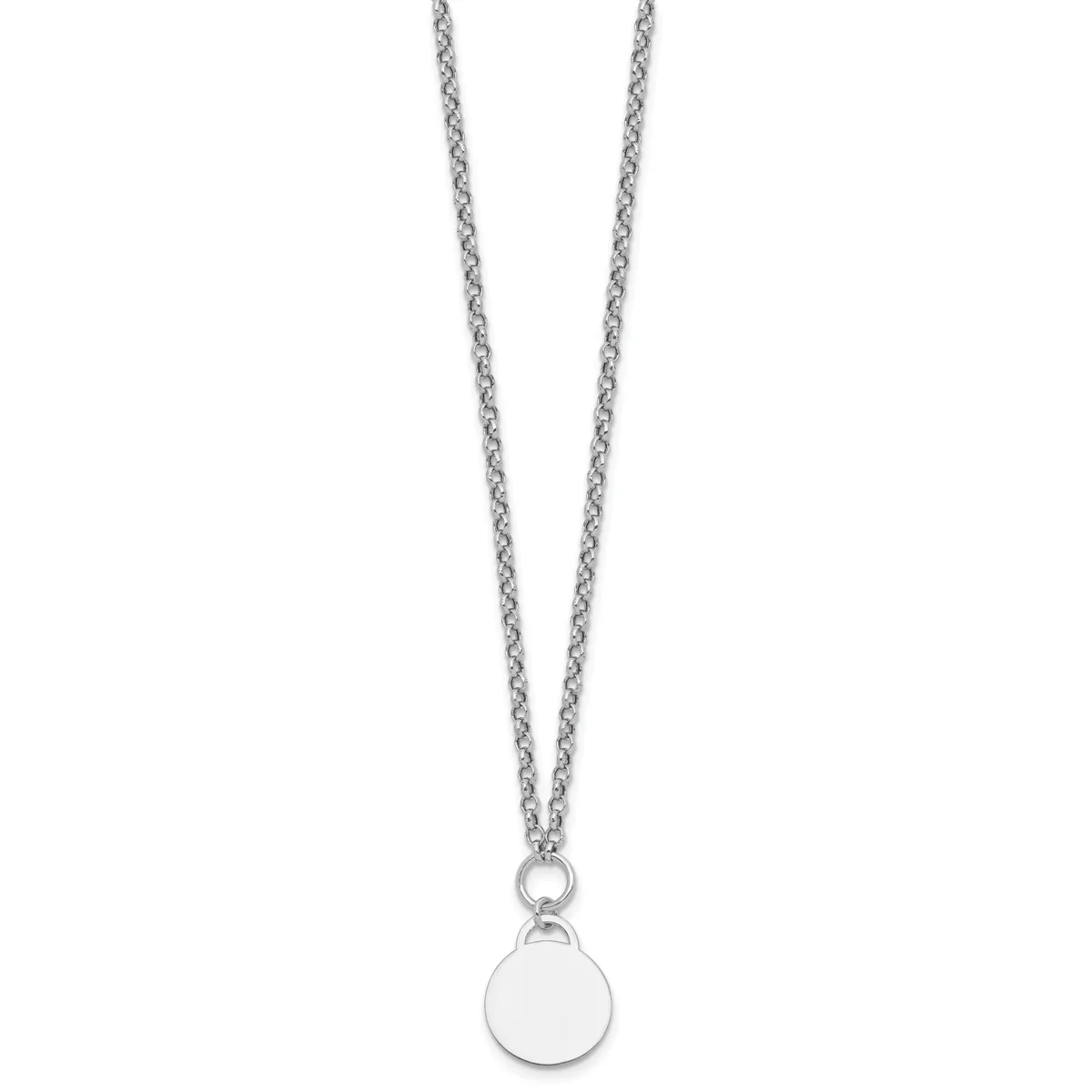 Silver chain necklace with a small circular pendant hanging from the bottom.