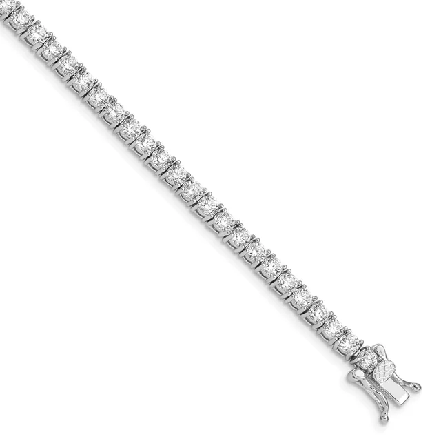A silver tennis bracelet with square-set cushion-cut diamonds connected by metal links, displayed diagonally against a white background.
