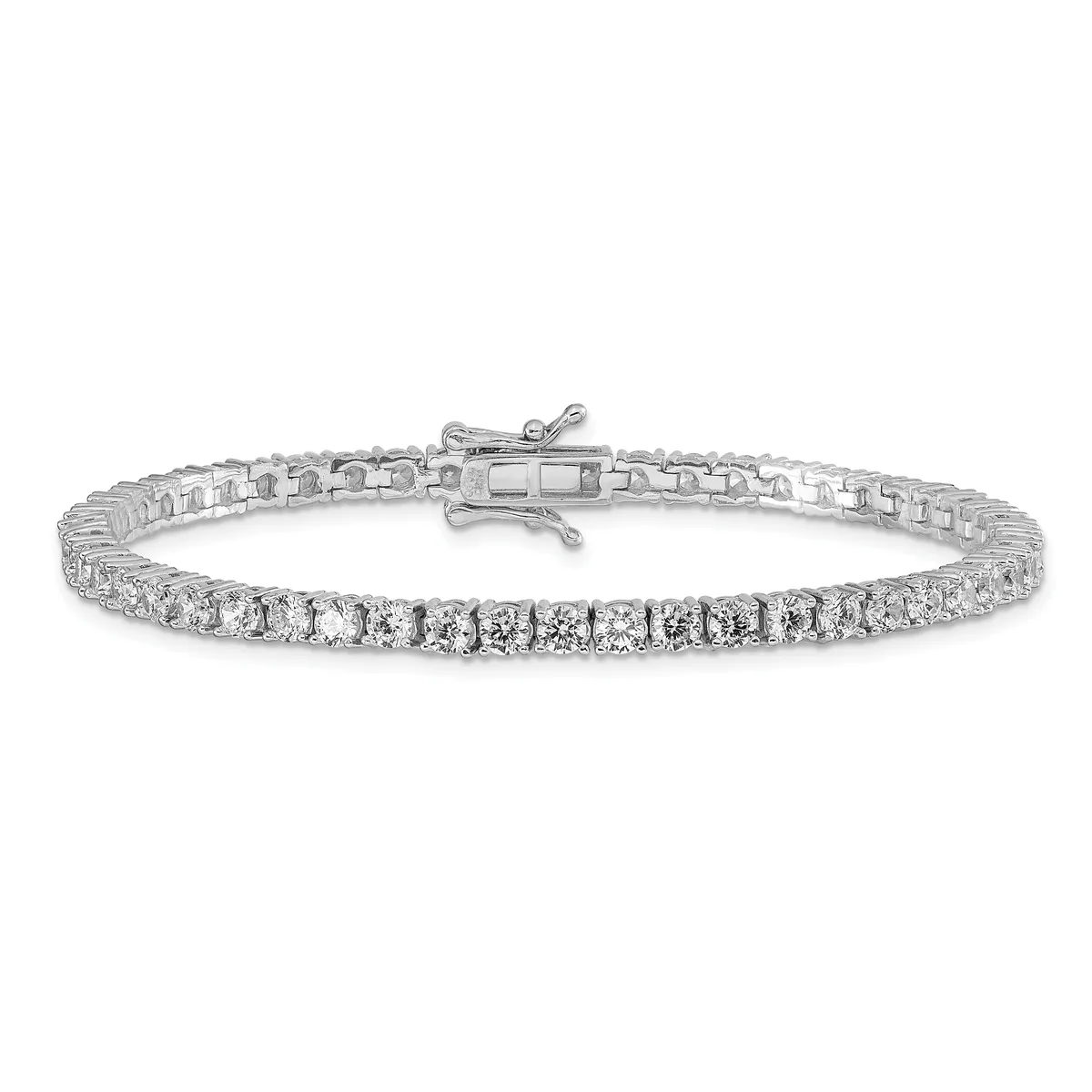 Silver tennis bracelet with round brilliant diamonds set in a continuous line, shown against a white background with a box clasp visible at the top.