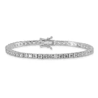 Silver tennis bracelet with round brilliant diamonds set in a continuous line, shown against a white background with a box clasp visible at the top.