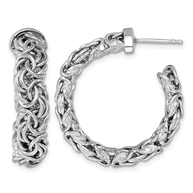 Pair of polished silver Byzantine chain hoop earrings with post and clutch backs, displayed against a white background.