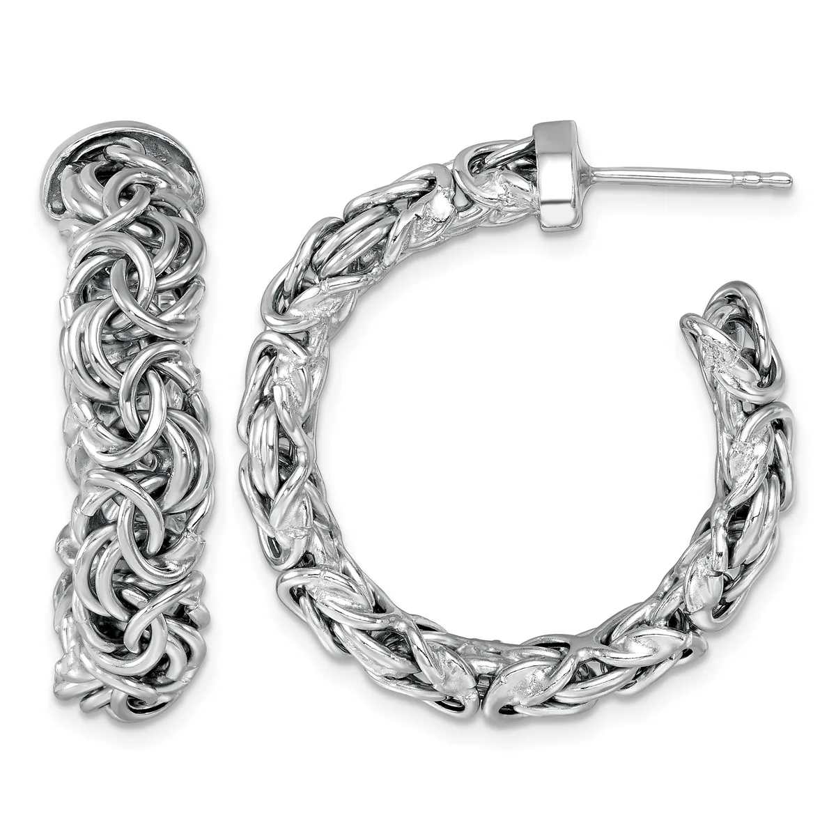 Pair of polished silver Byzantine chain hoop earrings with post and clutch backs, displayed against a white background.