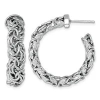 Pair of polished silver Byzantine chain hoop earrings with post and clutch backs, displayed against a white background.