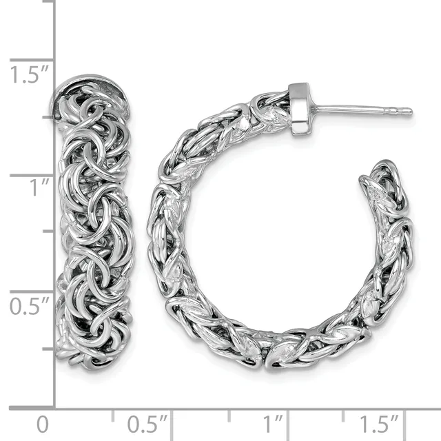 Silver twisted rope hoop earrings with stud posts, shown at actual size next to a measurement ruler indicating approximately 1.5 inches in length.
