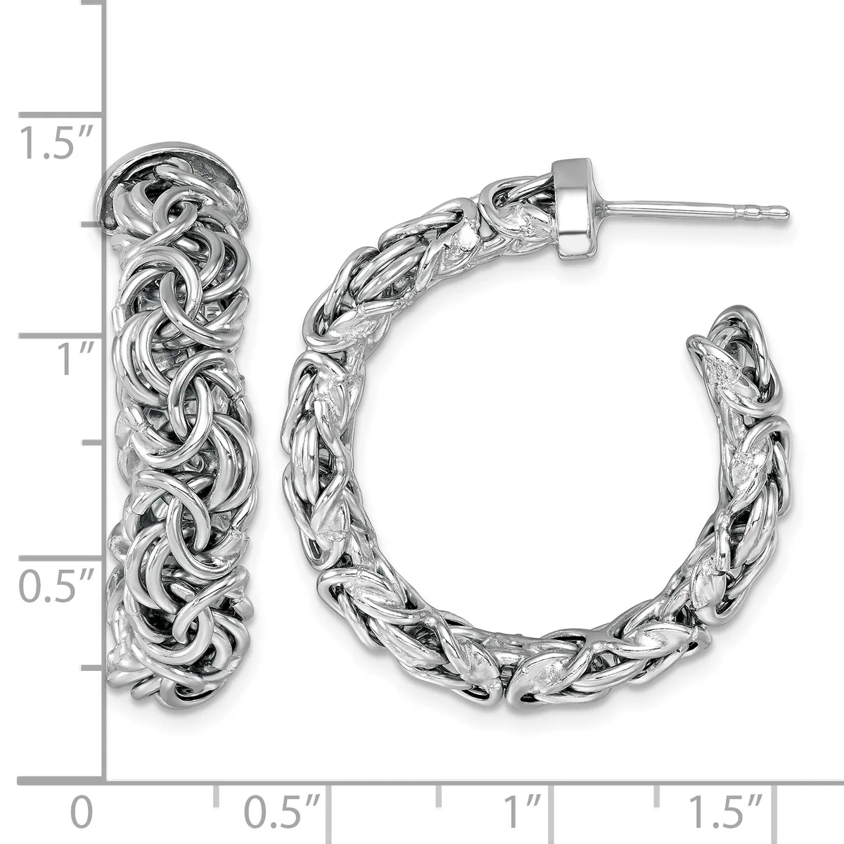 Silver twisted rope hoop earrings with stud posts, shown at actual size next to a measurement ruler indicating approximately 1.5 inches in length.