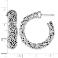 Silver twisted rope hoop earrings with stud posts, shown at actual size next to a measurement ruler indicating approximately 1.5 inches in length.