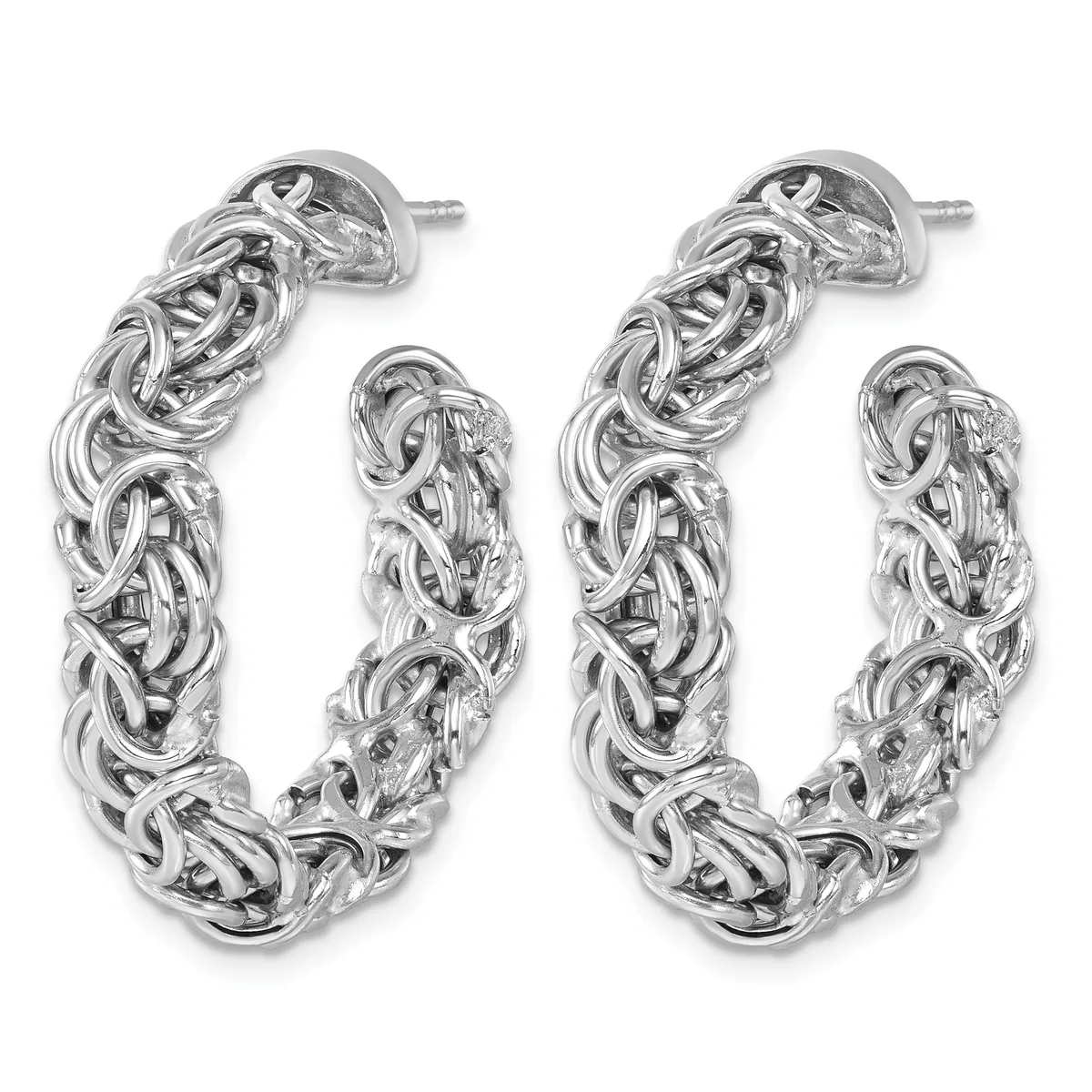 A pair of silver hoop earrings with an ornate braided or twisted textured design, shown from the front against a white background.