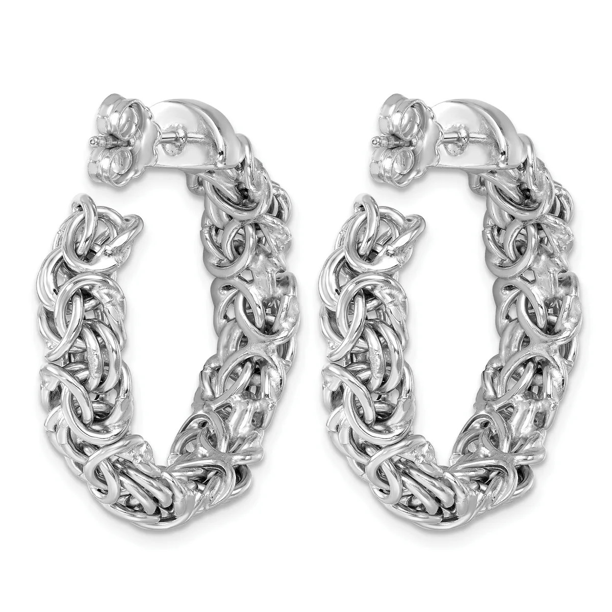 Pair of silver ornate hoop earrings with textured scrollwork design and post-and-clutch closures, shown from the front.