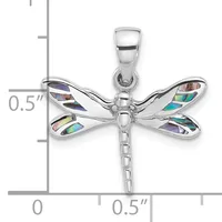 Silver dragonfly pendant with abalone shell inlaid wings displayed against a measurement scale showing approximately half an inch in size.