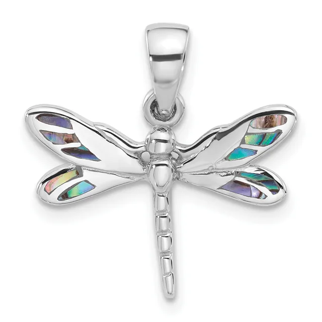 Silver dragonfly pendant with abalone shell inlay on wings and elongated body, suspended from a bail loop.