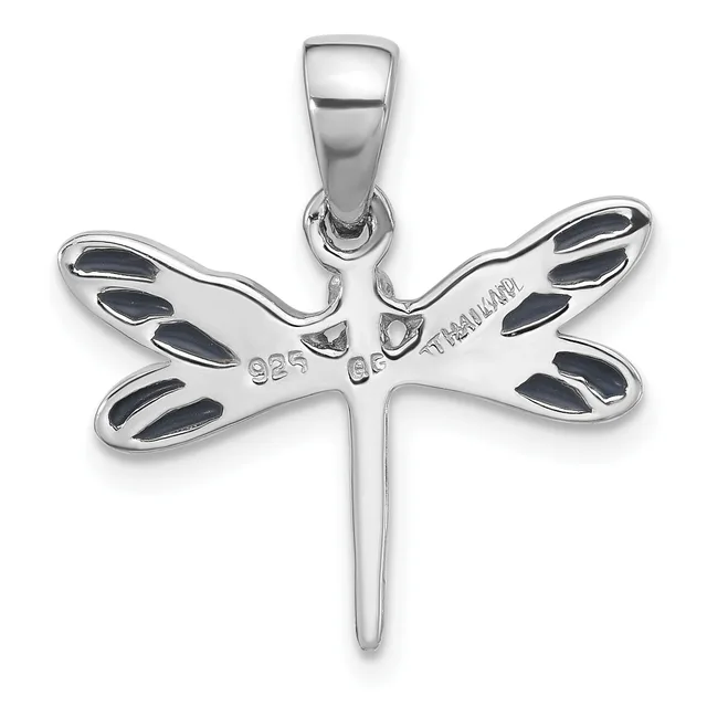Silver dragonfly pendant with black enamel accents on the wings, shown suspended from a bail against a white background.
