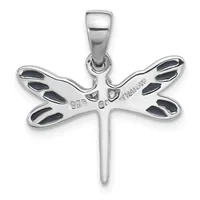 Silver dragonfly pendant with black enamel accents on the wings, shown suspended from a bail against a white background.
