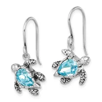 Pair of silver turtle-shaped dangle earrings with teardrop-cut blue topaz stones and textured shells, suspended from curved ear wires.