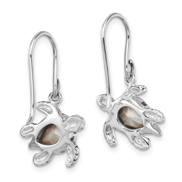 A pair of silver earrings with long curved hooks, each featuring a small silver octopus charm with a gray-brown stone set in its center.