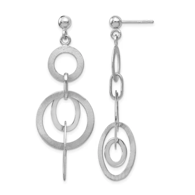 Pair of silver-colored dangle earrings with post backs, each featuring two nested circular rings suspended from a chain link.