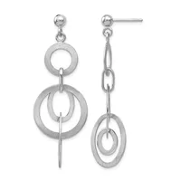 Pair of silver-colored dangle earrings with post backs, each featuring two nested circular rings suspended from a chain link.