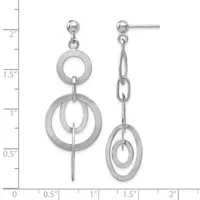 A pair of silver dangle earrings with stud posts, each featuring two connected circles suspended by chain links, displayed against a measurement ruler.