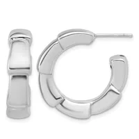 A pair of polished silver chunky hoop earrings with segmented curved bands, shown from front and side views.