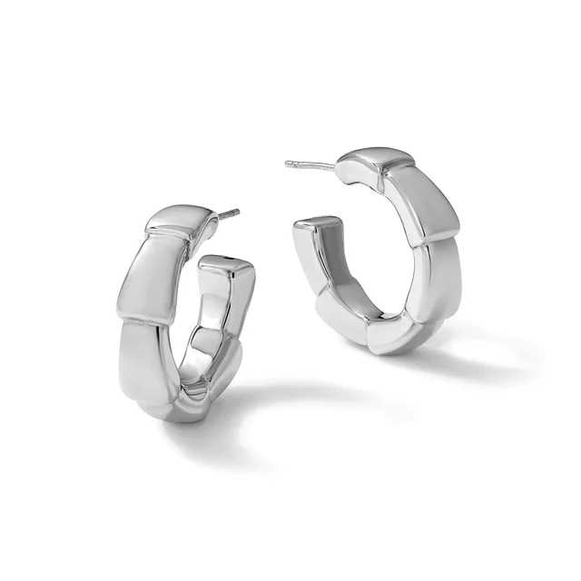 A pair of polished silver chunky hoop earrings with curved rectangular profiles and post backs, displayed against a white background.