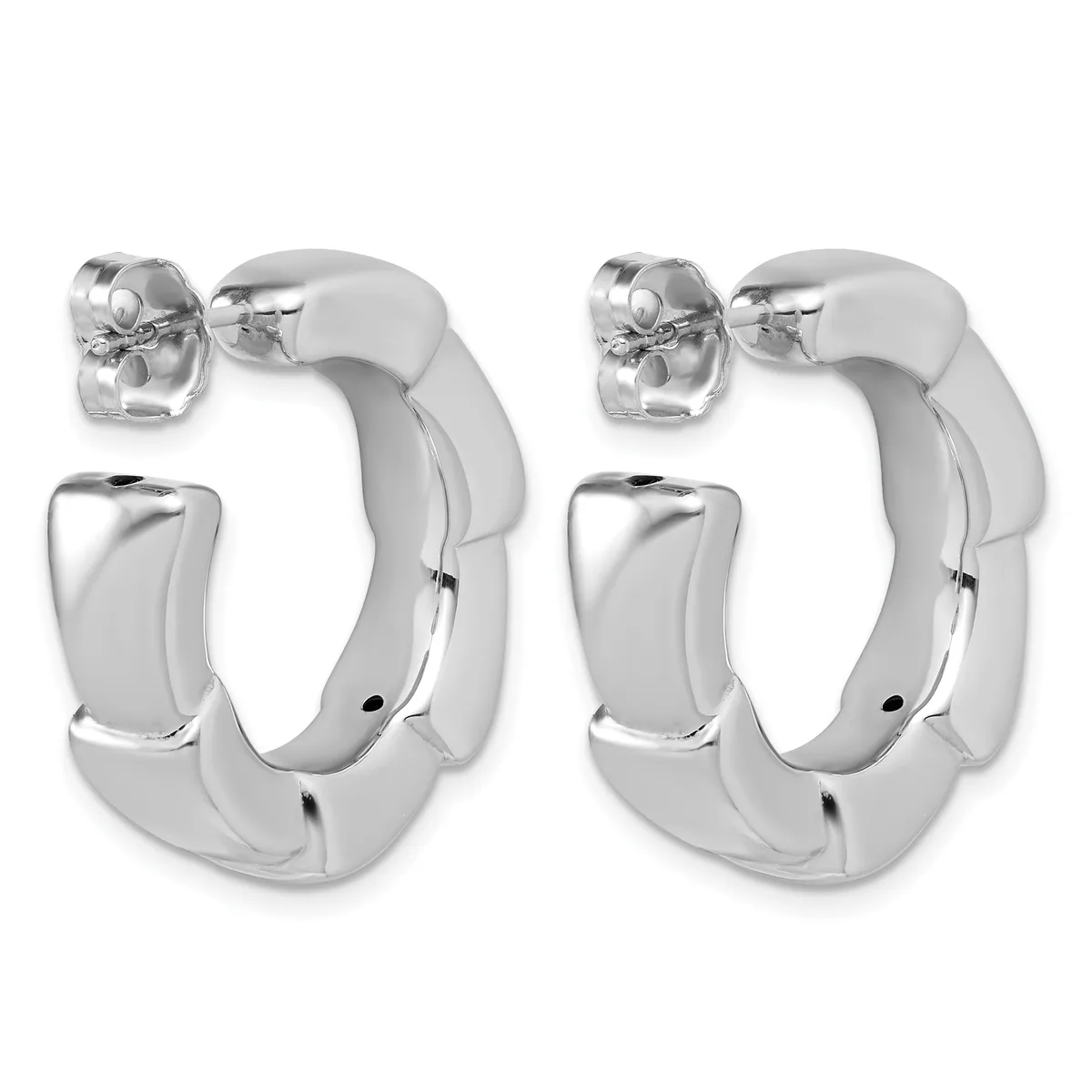 A pair of polished silver-toned chunky hoop earrings with a curved rectangular shape and hinged post closures, shown from the front.