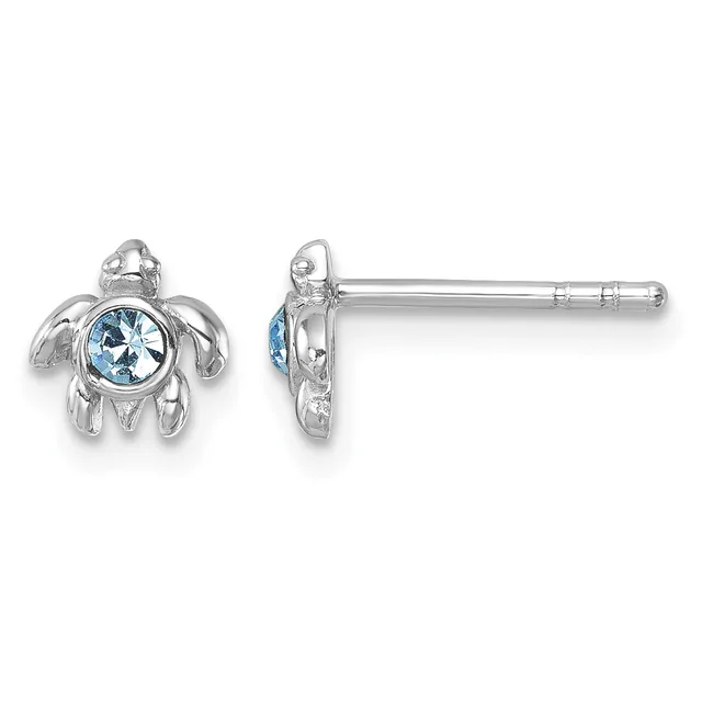 Pair of silver sea turtle stud earrings with blue topaz centers, shown from front and side views.