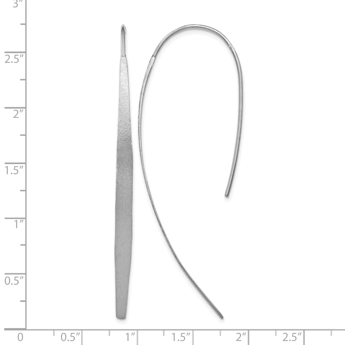 Two silver ear wires displayed against a ruler showing measurements up to 3 inches; one is a flat tapered design and the other is a curved hook style.