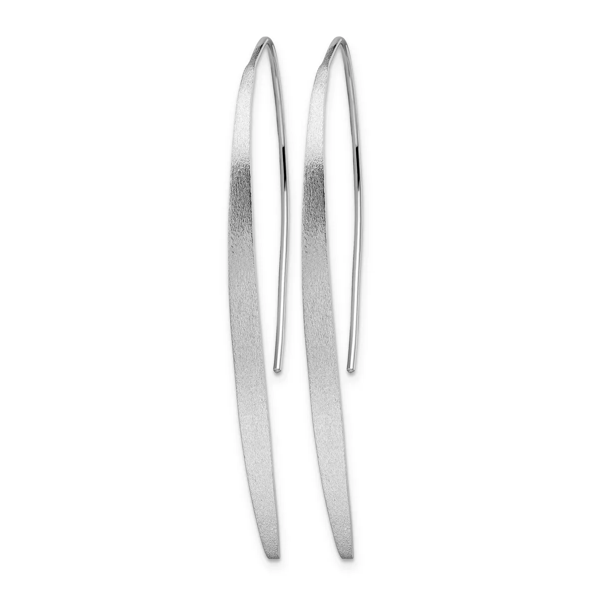 Pair of elongated silver threader earrings with a brushed finish, hanging vertically against a white background.