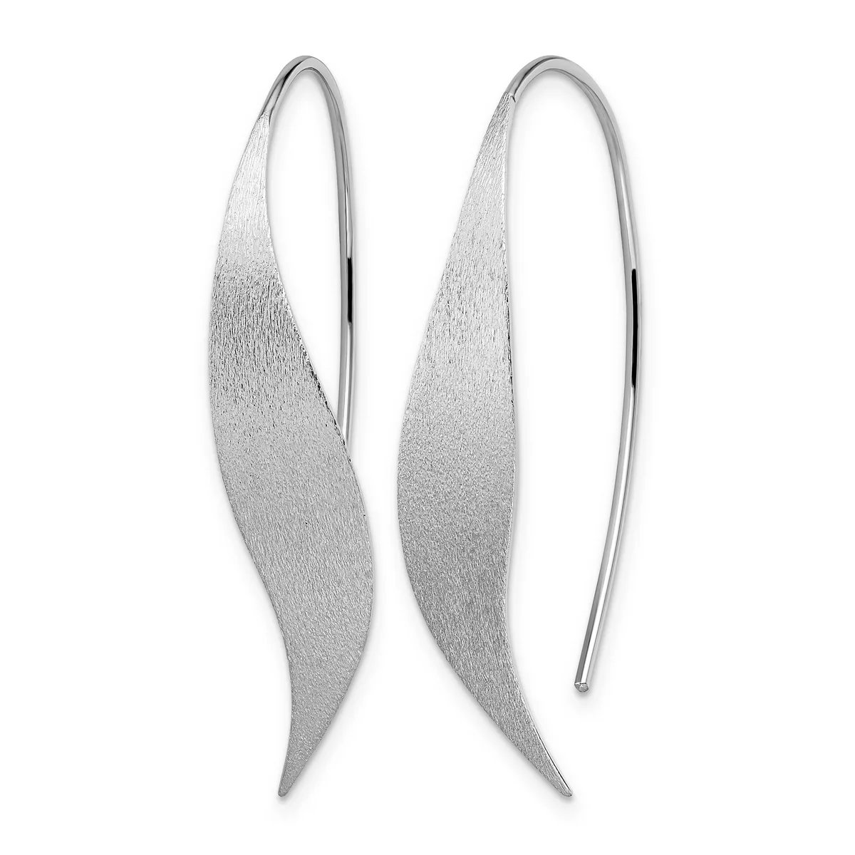 A pair of silver elongated leaf-shaped earrings with a textured finish and thin wire hooks for hanging.