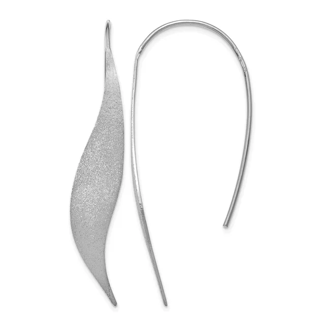 A pair of silver ear threaders with one featuring a textured leaf-shaped design and the other a plain curved wire.