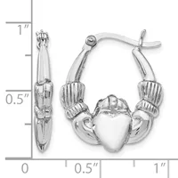 A pair of silver claddagh earrings with heart-shaped centers flanked by hands and crowned tops, shown from front and side views with a measurement scale.