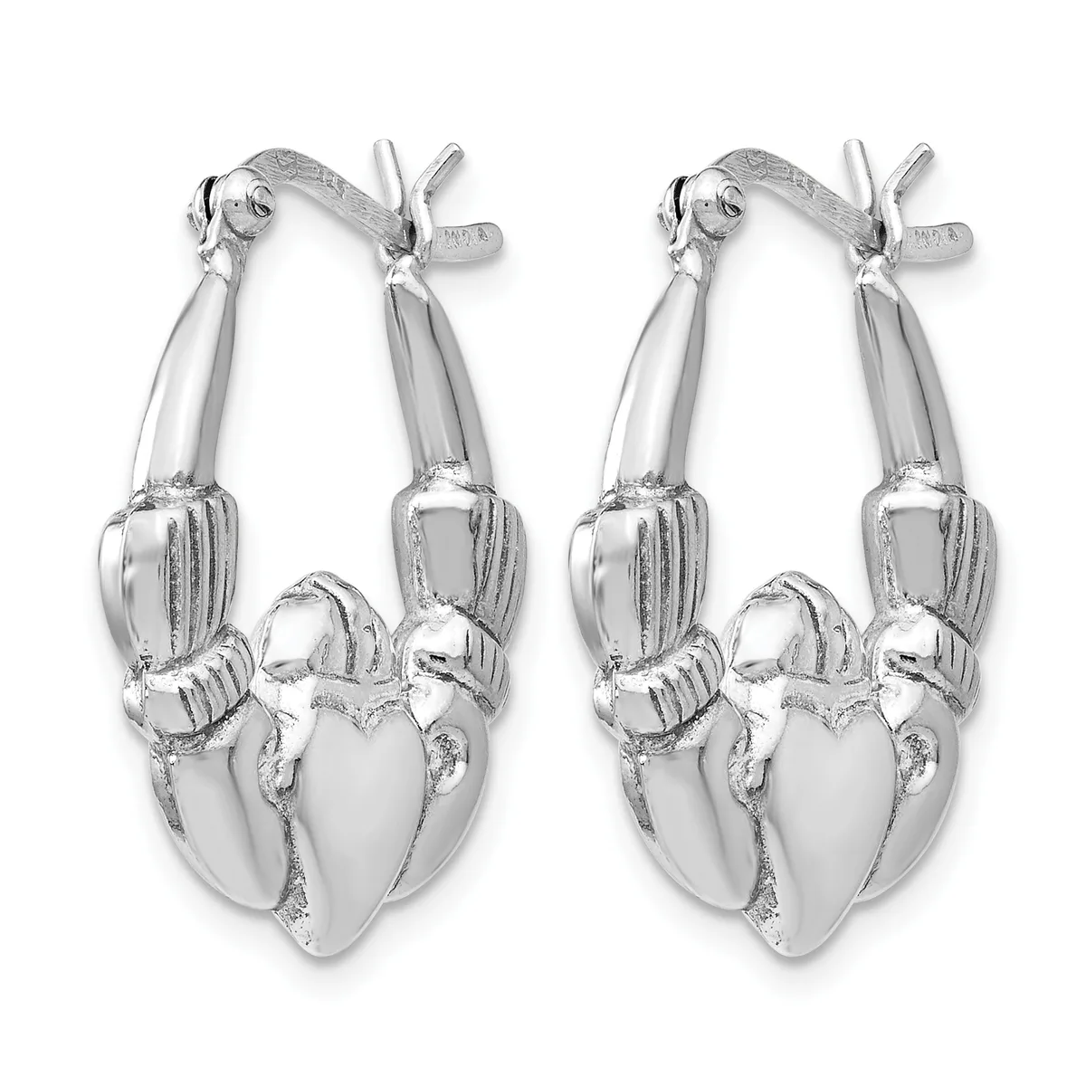 A pair of polished silver hoop earrings with an ornate design featuring ribbed cylindrical sections and a heart-shaped pendant, shown from the front against a white background.