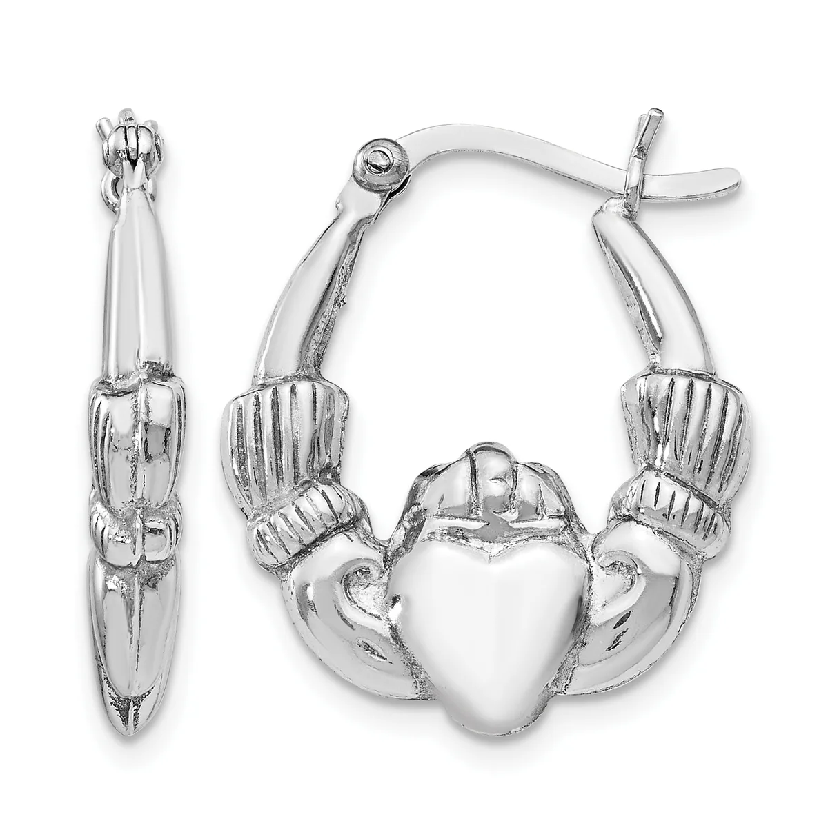 A pair of silver Claddagh earrings featuring two hands clasping a heart with a crown on top, shown from front and side views.