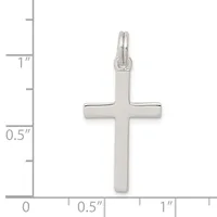 Sterling silver cross pendant shown against a ruler measuring approximately one inch tall and half an inch wide.