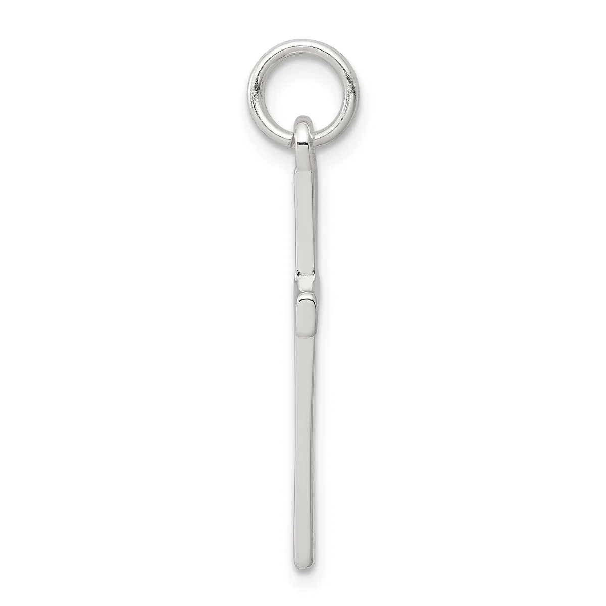 A long silver pendant with a loop at the top and a thin cylindrical handle, displayed vertically against a white background.