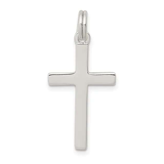 A polished silver cross pendant with a rectangular bail loop at the top, displayed against a white background.