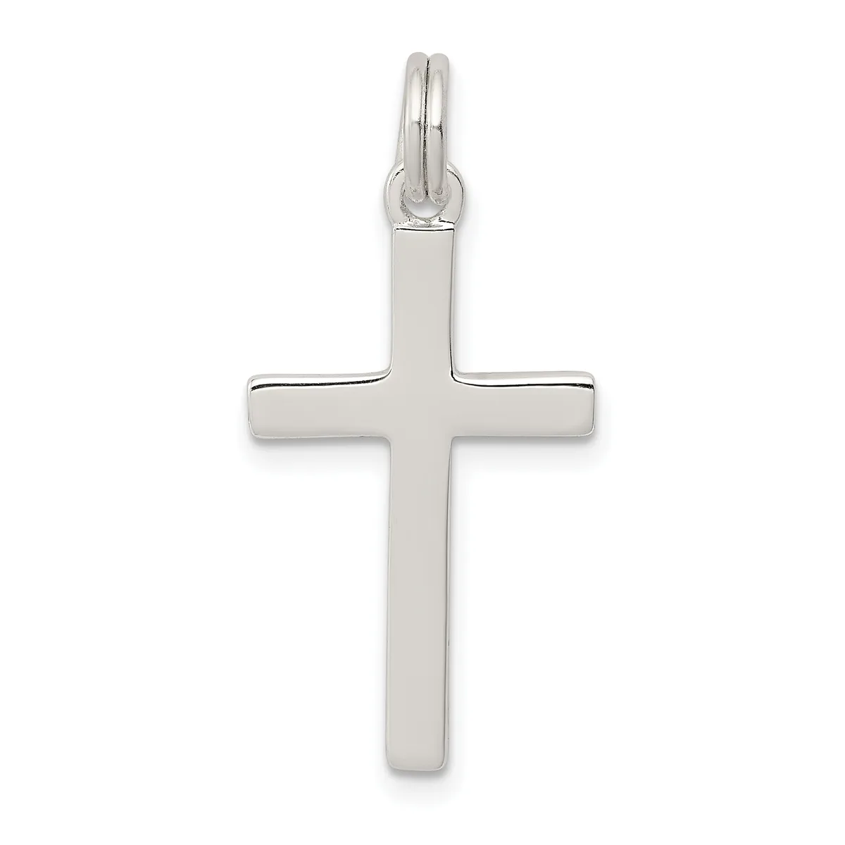 A polished silver cross pendant with a rectangular bail loop at the top, displayed against a white background.