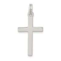A polished silver cross pendant with a rectangular bail loop at the top, displayed against a white background.
