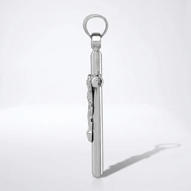A silver metal corkscrew with a ring handle at the top and folding arms attached to the shaft, displayed vertically against a white background.