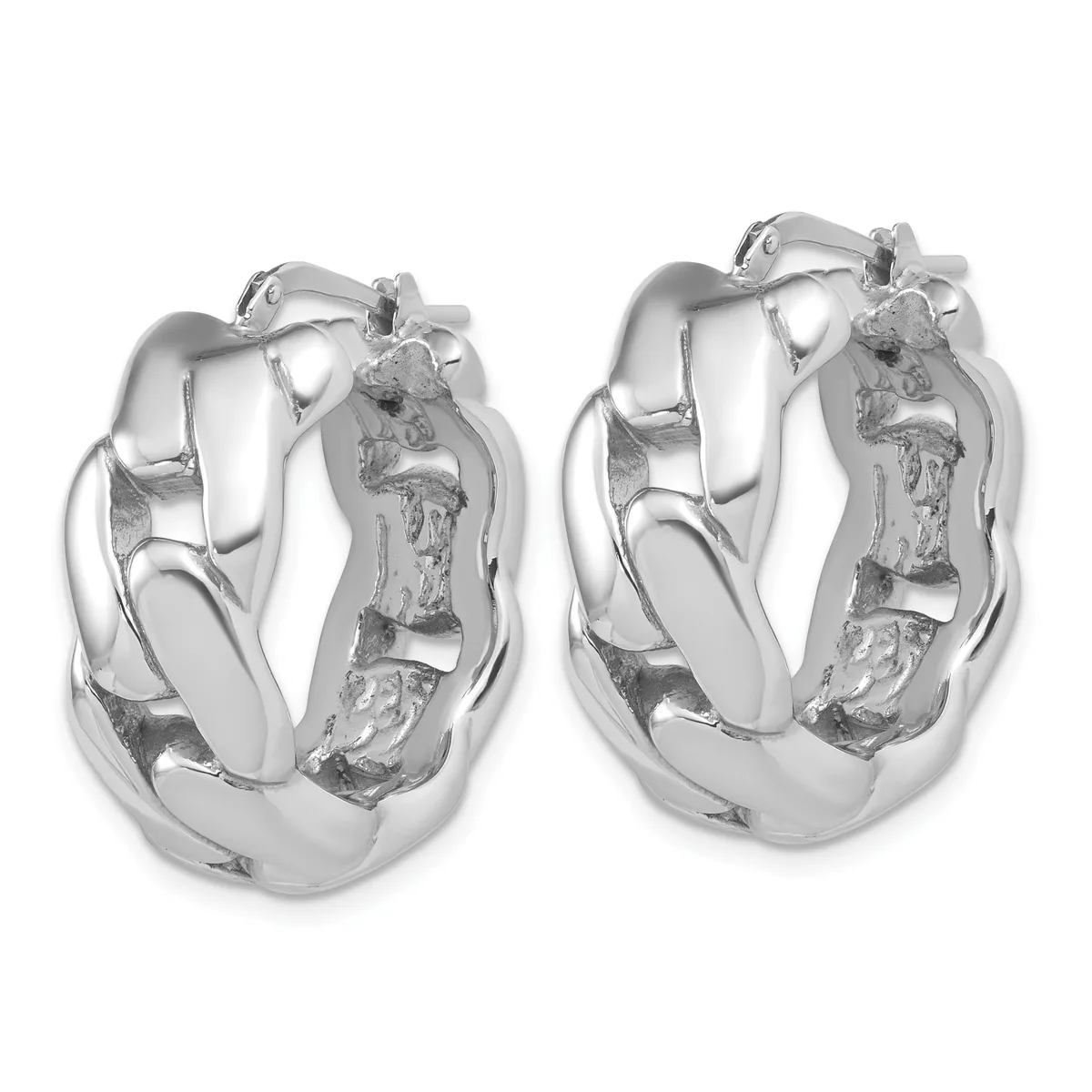 A pair of polished silver chunky hoop earrings with textured inner surfaces and hinged post closures, shown from the front and back.