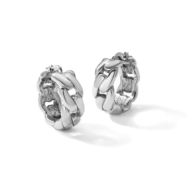 A pair of polished silver chunky chain-link hoop earrings with post and clutch closures, shown from front and back angles.