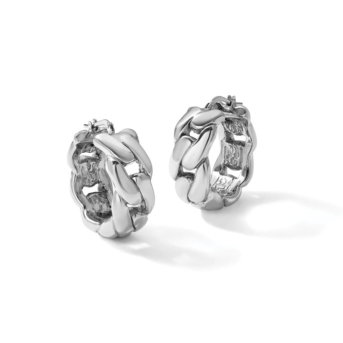 A pair of polished silver chunky chain-link hoop earrings with post and clutch closures, shown from front and back angles.