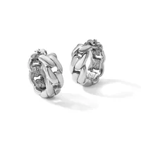 A pair of polished silver chunky chain-link hoop earrings with post and clutch closures, shown from front and back angles.
