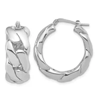 A pair of silver hoop earrings with a twisted diagonal pattern, shown from front and side angles, with post and clutch closures.