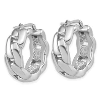 A pair of chunky silver hoop earrings with twisted and layered surface textures, shown from the front and back, with post and clutch closures.